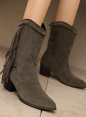 欧美外贸秋冬绒面流苏靴粗跟高跟中筒短靴女棕黄色灰色靴子大码XH