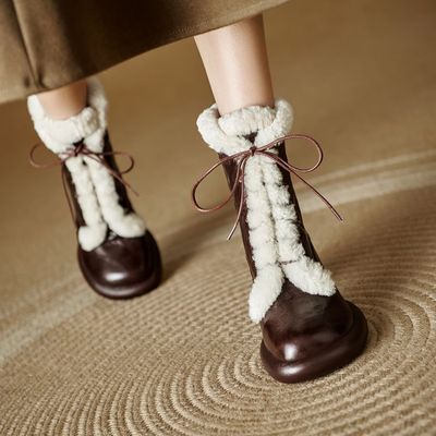 皮靴羊皮加绒短靴女冬季保暖粗跟高跟系带厚绒毛靴真皮雪地靴 NMX