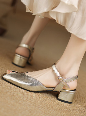 粗跟中跟凉鞋女夏季法式复古配裙子舒适金色银色大码小码女鞋 YM