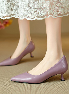 职业工作鞋尖头细跟酒红色米白色浅紫色春季中跟小皮鞋真皮单鞋ZC