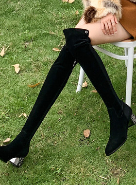 瘦腿皮靴圆头粗跟中跟过膝长靴弹力瘦瘦靴长筒女磨砂真皮女靴SLLM