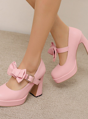 春秋皮鞋防水台粗跟高跟厚底增高模特走秀舞台白色粉红色大码鞋DT