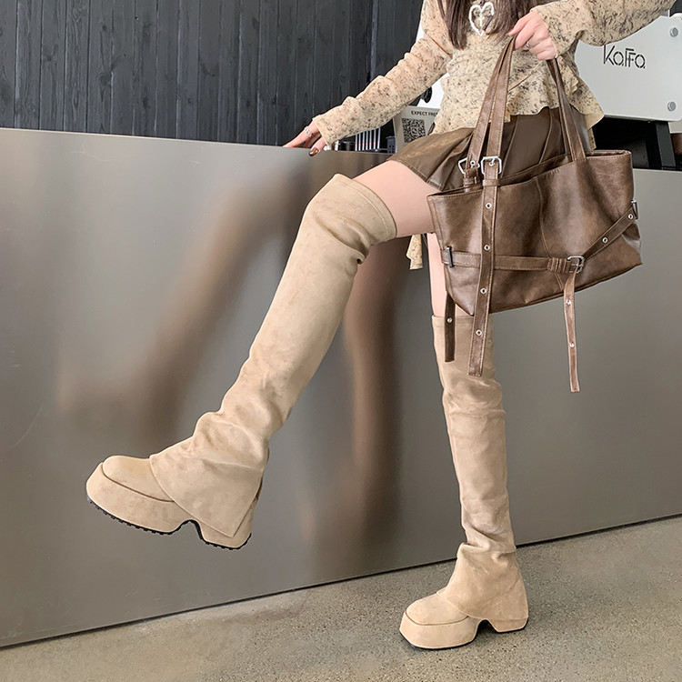 秋冬绒面过膝弹力靴女松糕厚底高跟瘦瘦靴方头增高长靴杏色靴 DLF