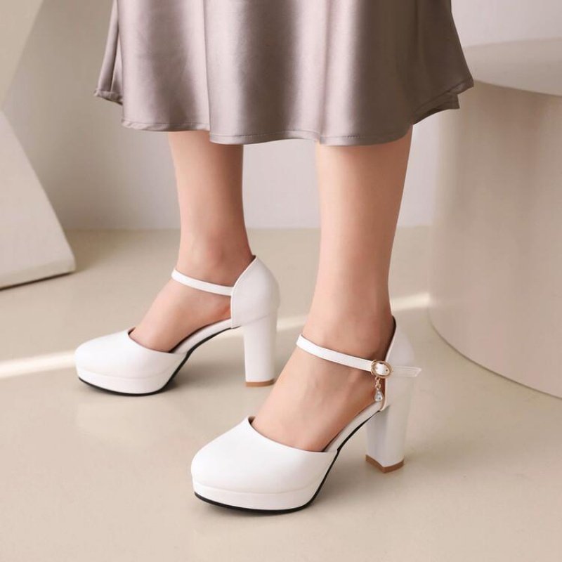 凉鞋女粗跟高跟包头鞋扣带橙色绿色白色玫红