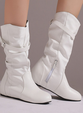 外贸皮靴内增高中跟中筒靴女白色牛仔布蓝色酒红色靴子大码鞋 LJC