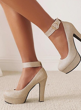 单鞋女防水台粗跟高跟闪亮性感金色银色紫色鞋子春秋大码小码 JX