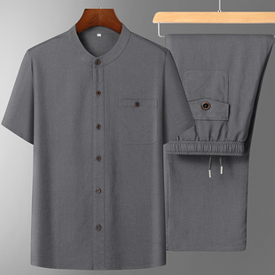 夏装套装亚麻短袖衬衫长裤男中老年人爷爷夏天休闲两件套衣服爸爸