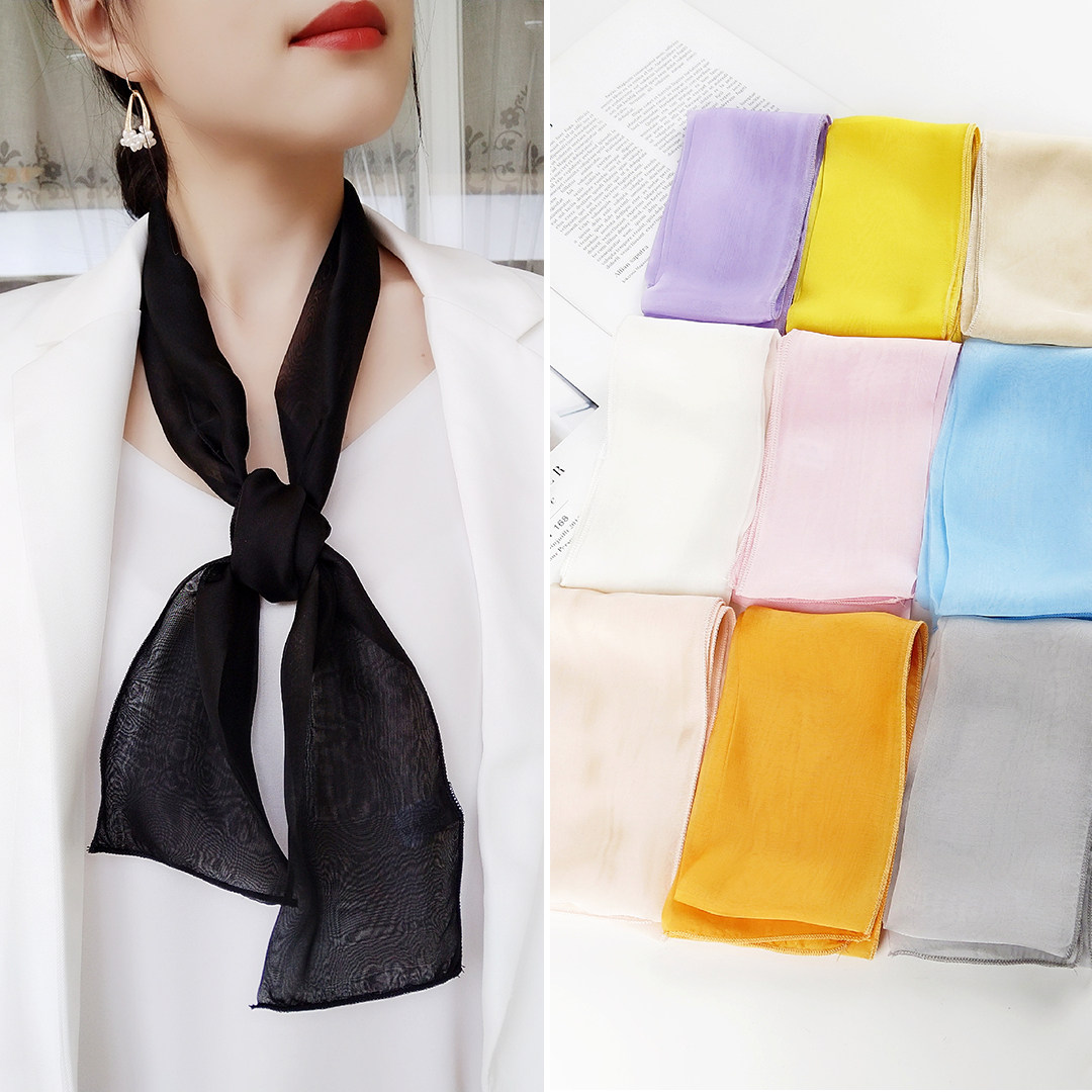 西装丝巾小长条女装饰绑包包真丝细窄复古纯色春秋纱巾长款小围巾