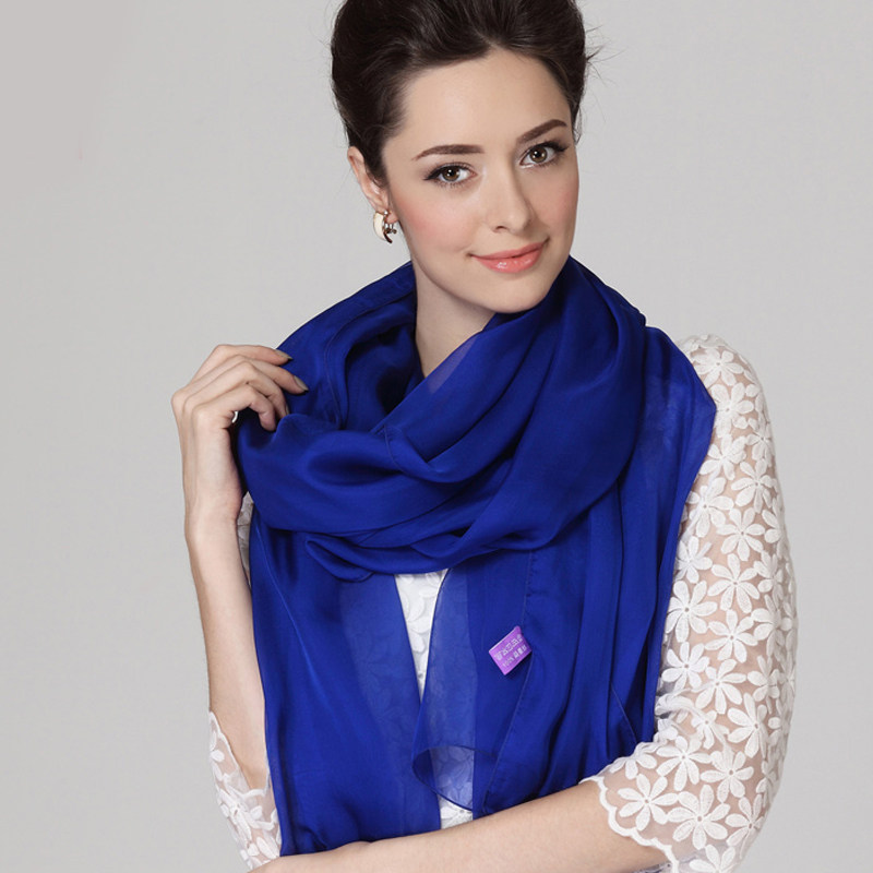 宝蓝色长款大牌！丝巾100%桑蚕丝