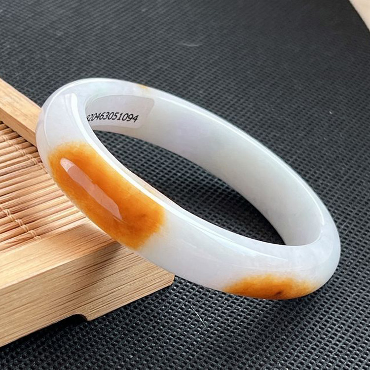 缅甸翡翠黄翡贵妃手镯A货冰糯种白底飘紫黄翡玉镯翡翠三彩镯子53