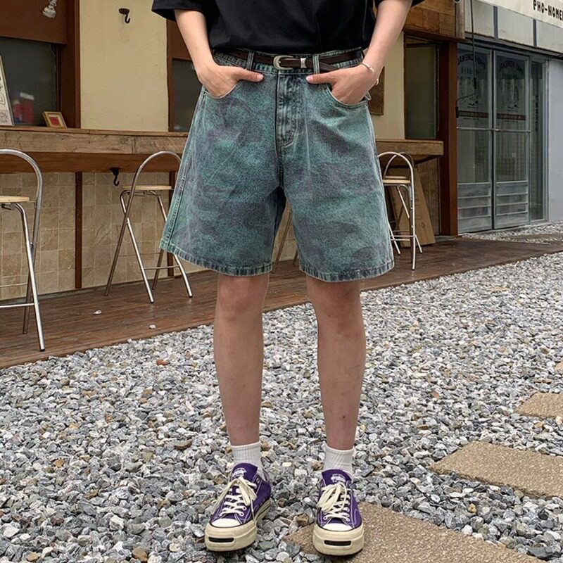 2026夏季潮牌美式个性迷彩印花直筒牛仔中裤男款小众百搭宽松短裤