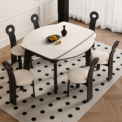 岩板餐桌伸缩可变圆形桌复古奶油风实木折叠圆桌小户型家用吃饭桌