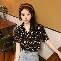 Real shooting flower Lapel short sleeve shirt women's dress foreign style super fairy shirt very fairy top
