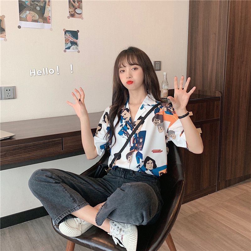 Real video Hong Kong style retro printing short sleeve summer Korean loose design small crowd smart top