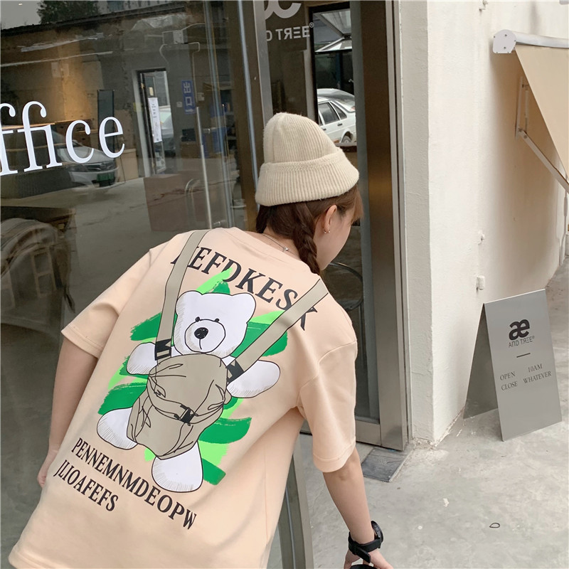 實拍視頻背包小熊印花短袖恤潮寬鬆半袖上衣