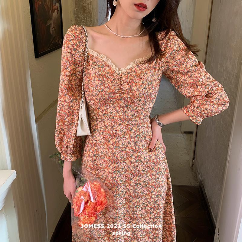 Floral dress women's 2021 new spring dress early spring French retro gentle temperament over knee square collar long skirt