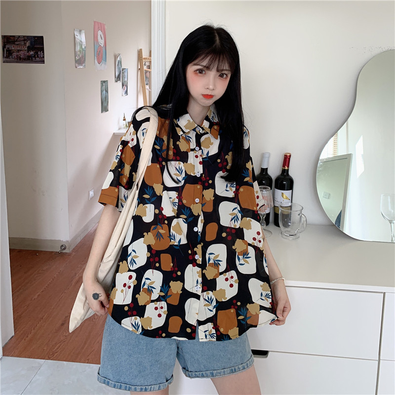 New style retro student flower shirt women's loose and versatile collar short sleeve shirt fashion