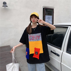 Real shot with small video pull frame medium length short sleeve T-shirt personalized stitching loose top