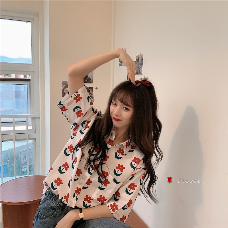 Real video flower short sleeve shirt Hong Kong style retro top design