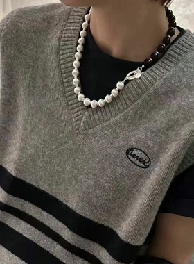 新款小众拉丝银球拼接黑檀木项链博主同款高级圆球黑色锁骨链饰品