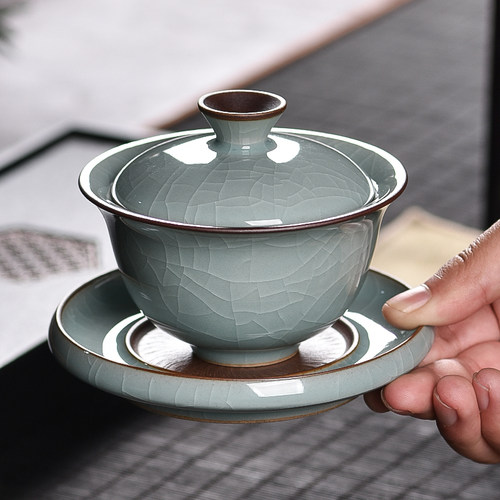 龙泉青瓷三才盖碗冰裂养线泡茶碗