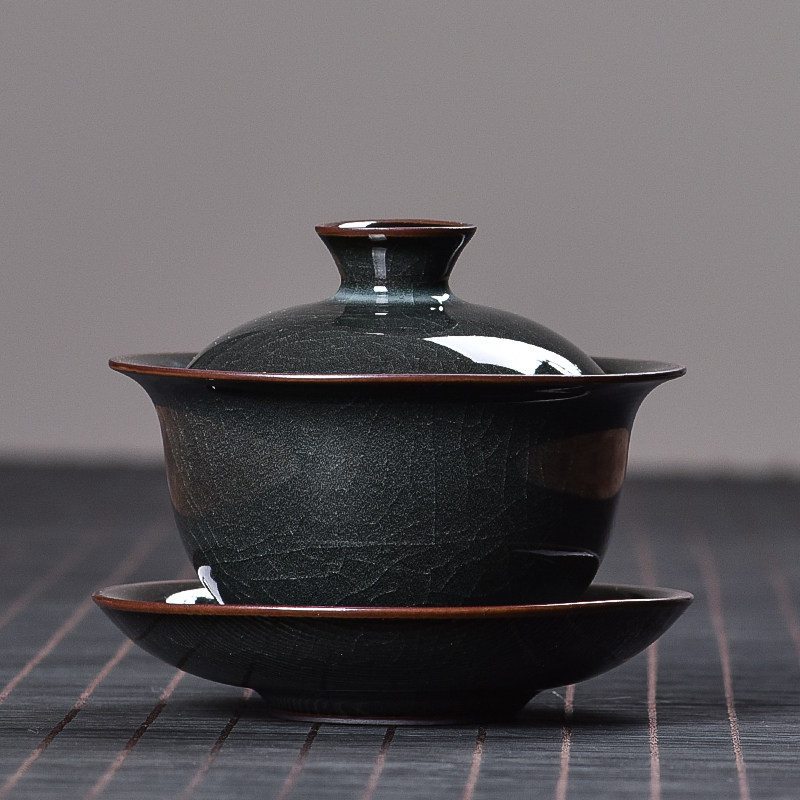 青瓷三才盖碗龙泉哥窑铁胎冰裂纹茶碗陶瓷功夫茶具泡茶碗家用复古