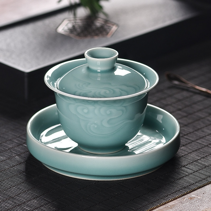 龙泉青瓷三才盖碗泡茶单个陶瓷功夫茶具冲茶碗大号家用手工茶杯