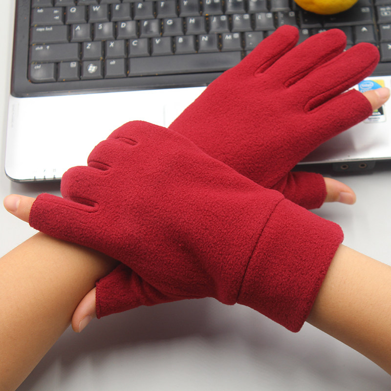 男女摇粒绒露指保暖手套