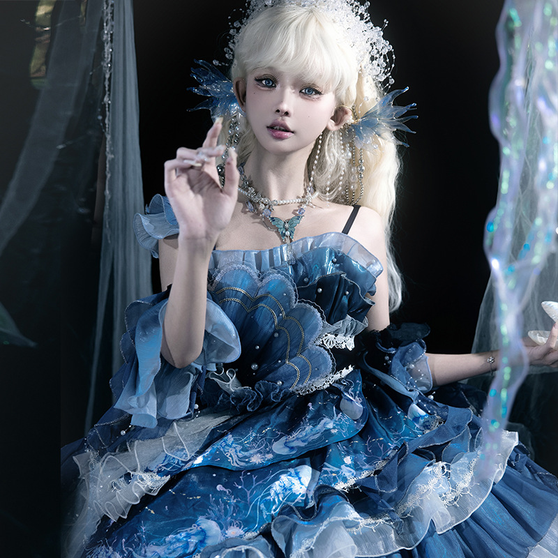 樱洛芙【蓝息】水母渐变JSK优雅吊带cla系lolita原创设计