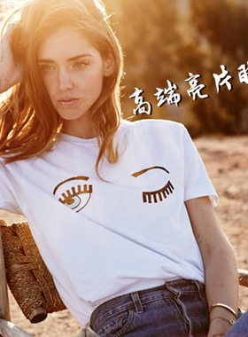 2025夏季宽松上衣韩版同款刺绣亮片眼睛睫毛短袖T恤女亲子装 正肩