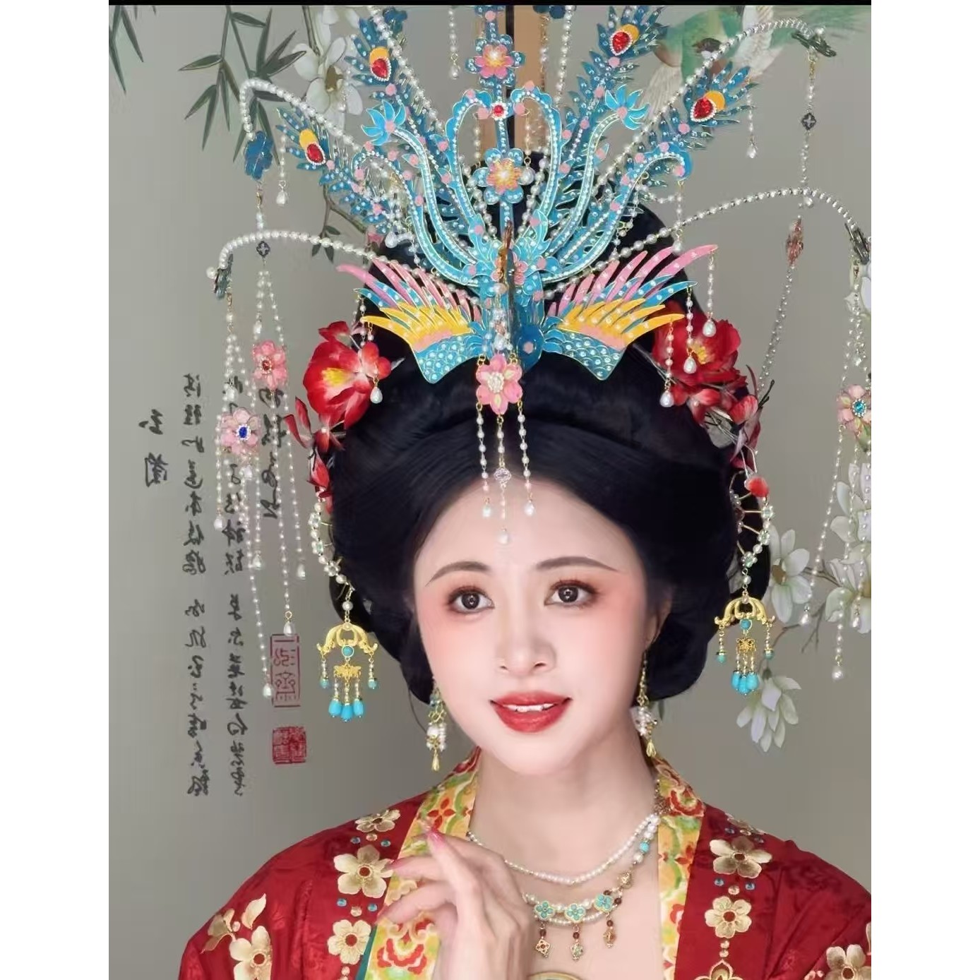 出租超大凤金丝凤仿点翠偏凤新娘结婚汉服明制发钗凤冠头饰烧蓝