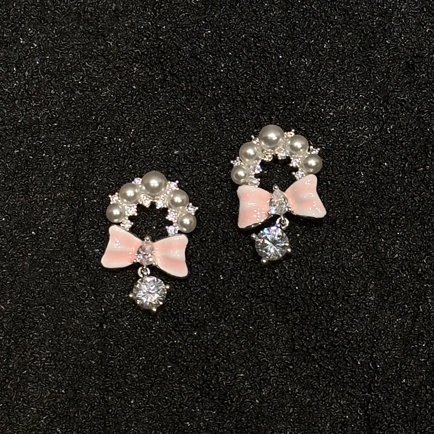小珍珠花环粉蝴蝶结耳钉镶钻吊坠温柔甜美少女风日常百搭银针耳饰