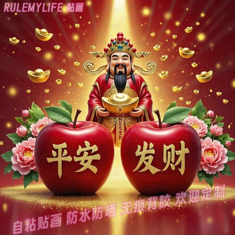 财神送福平安发财贴纸年画喜庆苹果图老式自贴墙上装饰画新年贴画