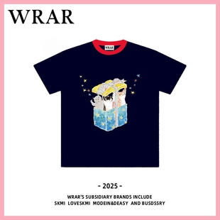 显瘦 WRAR 盒子猫咪 正肩蓝色t恤女2025年新款 纯棉圆领创意修身