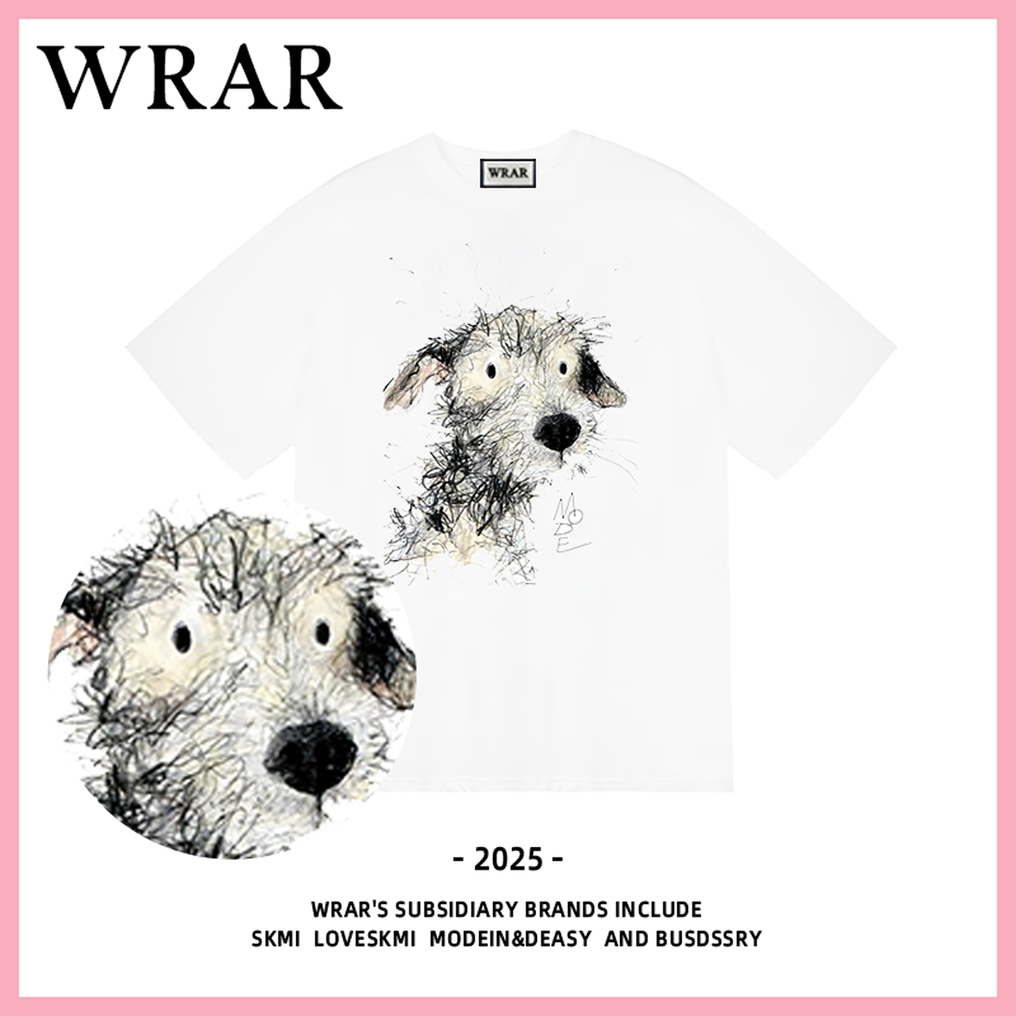 WRAR【线条小狗】白色女t恤纯棉清新可爱学院风2025年新款情侣装