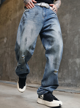 痞帅宽松蓝色长裤子牛仔裤直筒潮流垂感阔腿男做旧水洗休闲