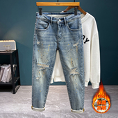 小脚长裤 冬季 破洞补丁油漆款 弹力修身 薄绒保暖牛仔裤 男2025新款