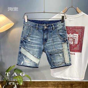 欧美牛仔短裤 潮牌马裤 男五分裤 破洞拼接弹性5分中裤 修身 夏季