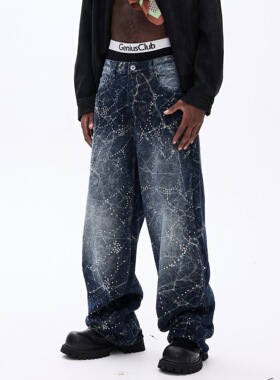秋季新款潮牌宽松直筒蓝灰色水洗涂鸦牛仔裤男士