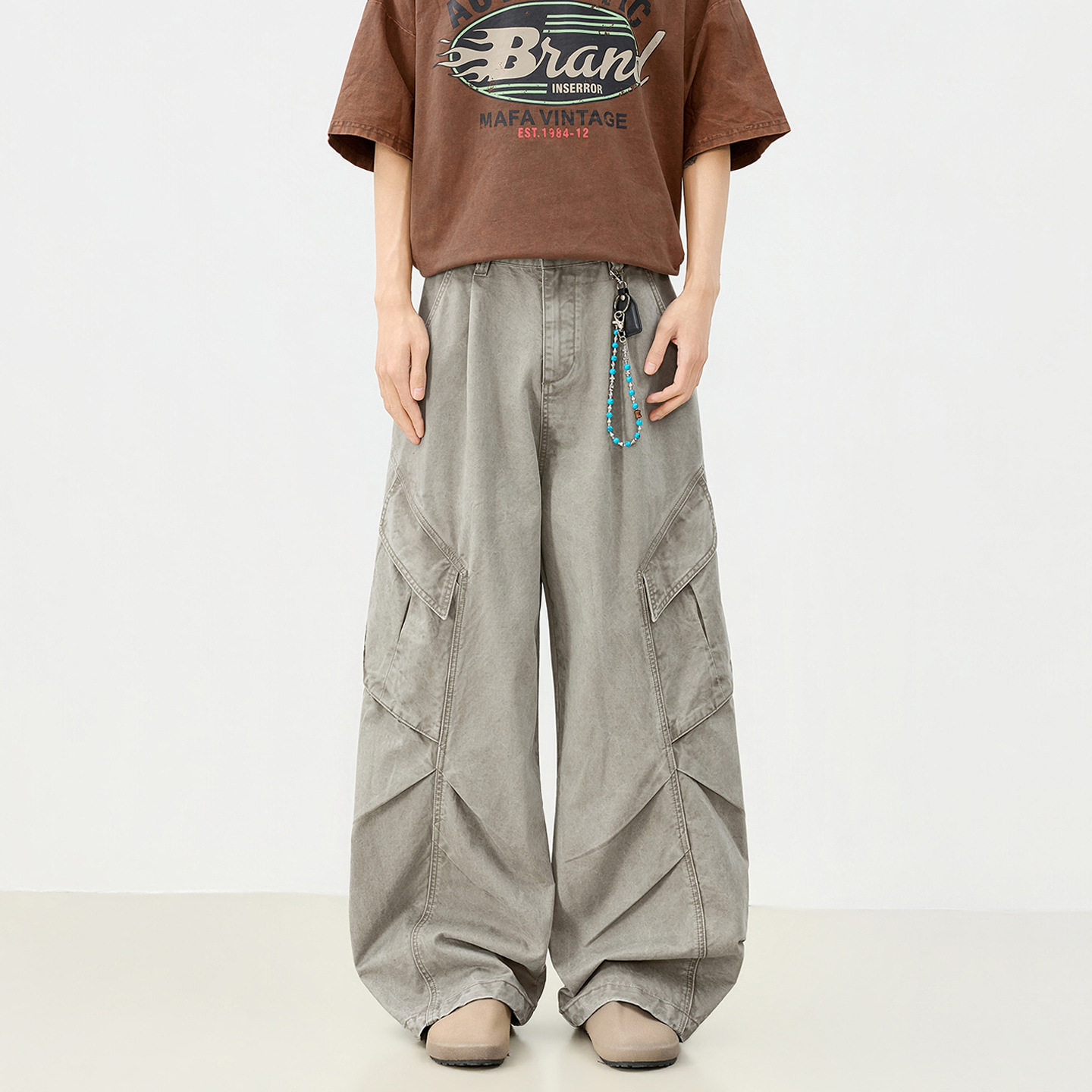 美式复古男女同款春夏宽松多袋长裤工装裤阔腿弯刀裤舒适拖地褶皱,男装,牛仔裤,淘宝优惠券,粉丝福利购,淘宝优惠卷