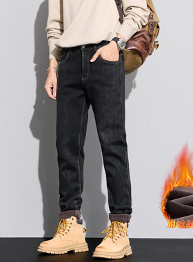 冬季厚绒植绒微锥小直筒牛仔裤男黑色加绒弹力长裤