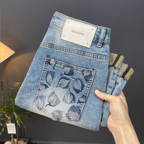 美式牛仔裤休闲高端夏季潮流新款刺绣弹力男士修身裤子小脚长裤