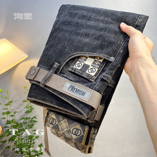 牛仔裤 小脚弹力长裤 男2025新款 潮流高档印花国潮修身 韩版 秋冬新款