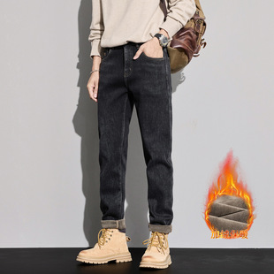2025冬季厚绒植绒微锥小直筒牛仔裤男士黑色加绒弹力长裤