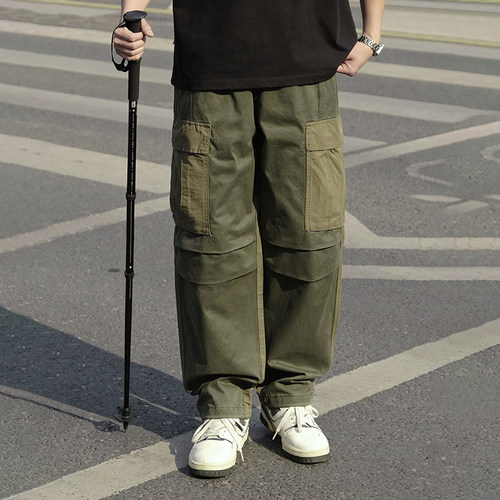 日系休闲拼色工装长裤男士2025夏季新款多口袋宽松直筒休闲伐木裤