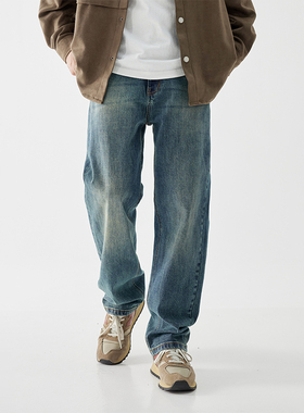 蓝色宽松直筒复古新款牛仔裤男士14盎司重磅长裤男做旧潮流秋冬