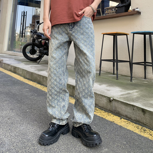 男宽松直筒水洗阔腿长裤 2024年秋冬新款 提花高街潮流设计感牛仔裤