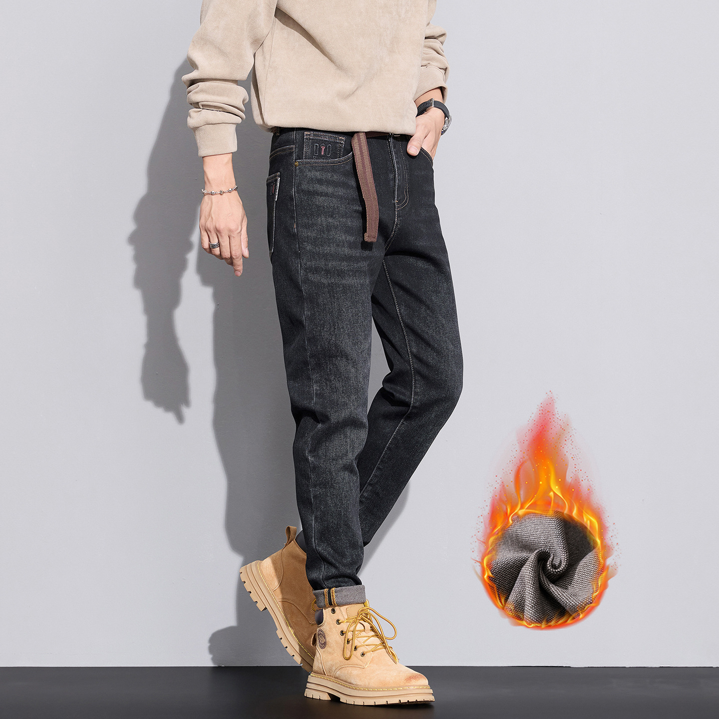 冬季底抓绒微锥小直筒牛仔裤男士黑色复古弹力修身保暖长裤