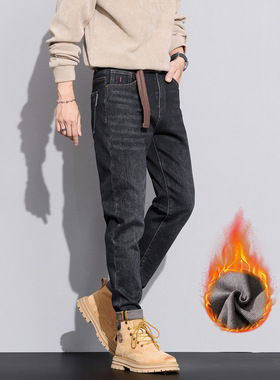 冬季底抓绒微锥小直筒牛仔裤男士黑色复古弹力修身保暖长裤