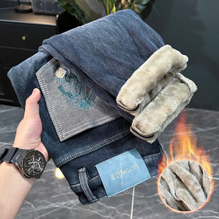 2025年爆款加绒厚款牛仔裤男士蓝色修身小脚保暖长裤